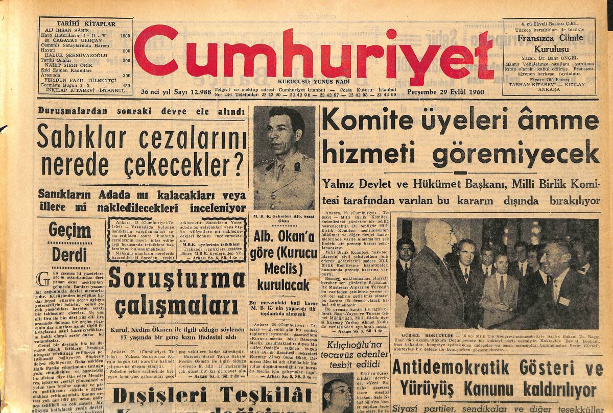 Cumhuriyet Gazetesi 29 Eylül 1960 - Amerika'dan Menderes'e Posta İle İncil Gönderildi - Venedik Film Festivali GZ152541 - 1