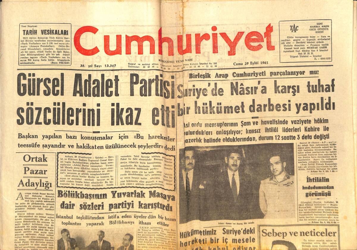 Cumhuriyet Gazetesi 29 Eylül 1961 - Suriye'de Nasır'a Karşı Tuhaf Bir Hükümet Darbesi Yapıldı - Sir Stanley Rous FİFA Başkanı Oldu GZ140053 - 1