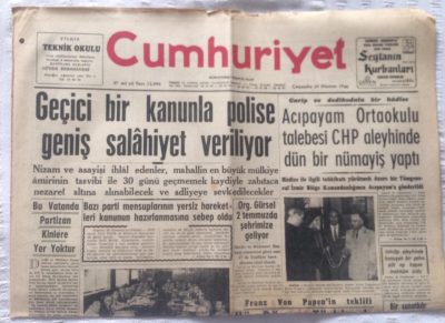 Cumhuriyet Gazetesi 29 Haziran 1960 - Geçici Bir Kanunla Polise Geniş Salahiyet Veriliyor - GZ19337 - 1