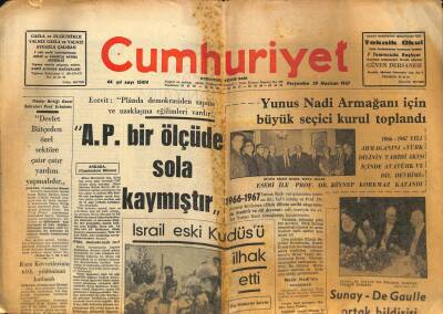 Cumhuriyet Gazetesi 29 Haziran 1967 - İsrail Kudüsü İlhak Etti - Yunus Nadi Armağanı İçin Büyük Seçici Kurul Toplandı GZ96950 - 1