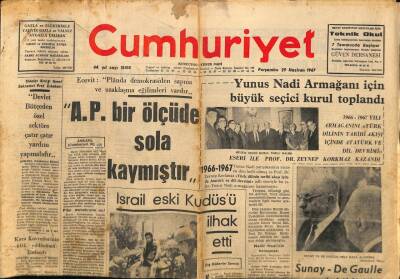 Cumhuriyet Gazetesi 29 Haziran 1967 - Yunus Nadi Armağanı İçin Büyük Seçici Kurul Toplandı GZ114410 - 1