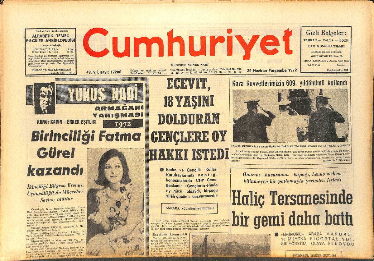 Cumhuriyet Gazetesi 29 Haziran 1972 - Ecevit 18 Yaşını Dolduran Gençlere Oy Hakkı İstedi - Clay Nakavt İle Galip GZ143585 - 1