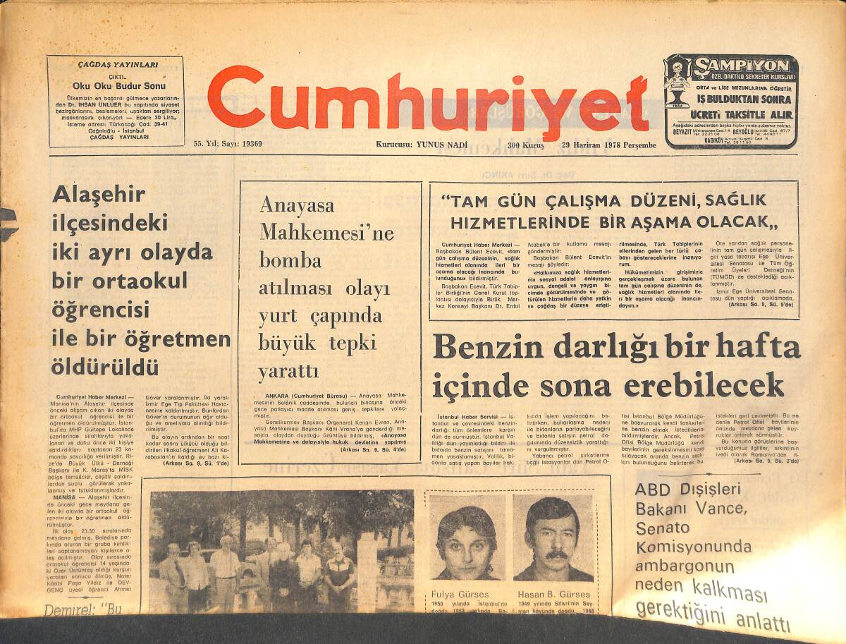 Cumhuriyet Gazetesi 29 Haziran 1978 - 50 Bin Memur Meyak Kesintilerini Geri İstedi - Pistlerde Esen Rüzgar: Kenyalı Henry Rono! GZ143185 - 1