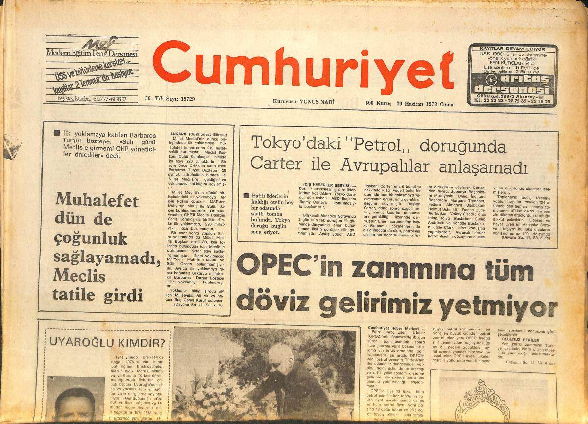 Cumhuriyet Gazetesi 29 Haziran 1979 - Yunus Nadi Ödülünü İsmail Uyaroğlu Kazandı - Tokyo'daki Petrol Doruğunda Carter İle Avrupalılar Anlaşamadı! GZ143525 - 1