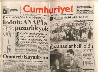 Cumhuriyet Gazetesi 29 Haziran 1989 - Erdal İnönüAnapla Pazarlık Yok GZ61215 - 2