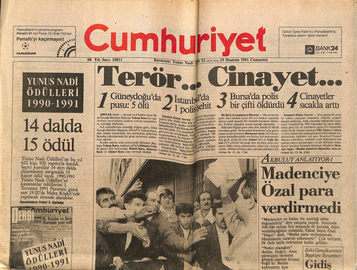 Cumhuriyet Gazetesi 29 Haziran 1991 - Gazeteci Teztel Tutuklandı - Gurbetçi , Yugo Savaşını Solluyor GZ151885 - 1