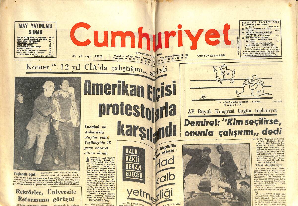 Cumhuriyet Gazetesi 29 Kasım 1968 - Mersin'de Yağmurdan Okullar Tatil Edildi - Amerikan Elçisi Protestolarla Karşılandı GZ143414 - 1