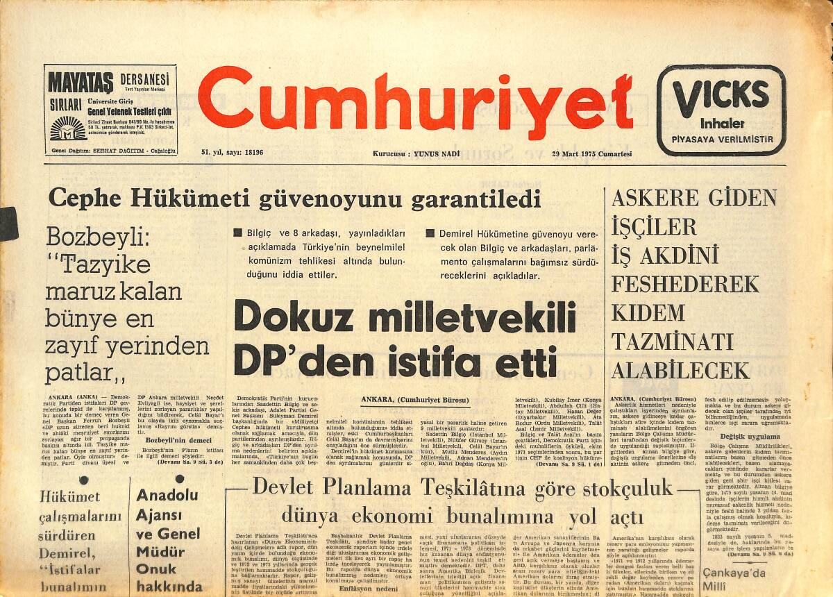 Cumhuriyet Gazetesi 29 Mart 1975 - Türk- İş'in Lokavta Hayır Kampanyası Devam Edecek - Bayrampaşalılar El Ele Verip Bir Tesis Kurdu GZ143757 - 1