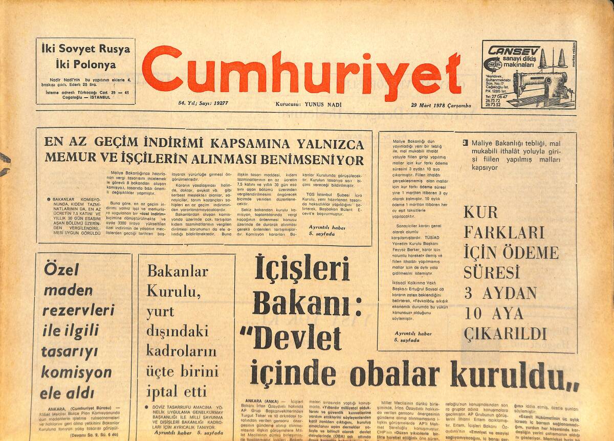 Cumhuriyet Gazetesi 29 Mart 1978 - İçişleri Bakanı: Devlet İçinde Obalar Kuruldu! - Ecevit ABD'YE 30 Mayısa Dek Süre Tanıdı! GZ143187 - 1