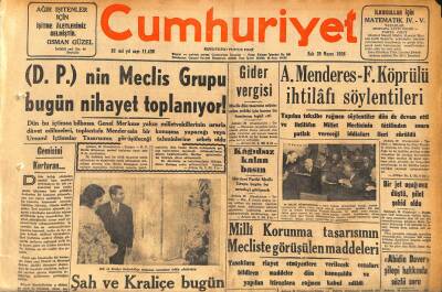 Cumhuriyet Gazetesi 29 Mayıs 1956 - Şah Ve Kraliçe Bugün İrana Dönüyorlar - Milli Korunma Tasarısının Mecliste Görüşülen Maddeleri GZ119767 - 1