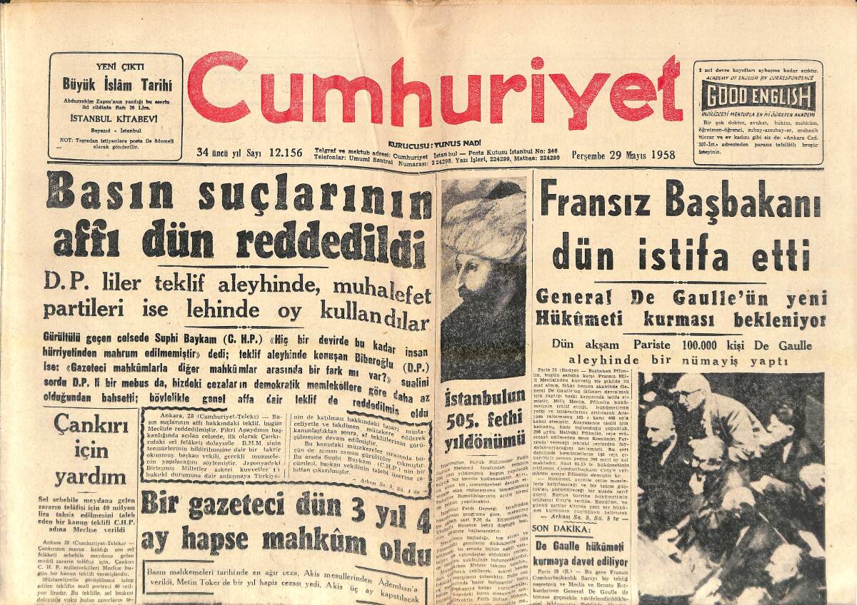 Cumhuriyet Gazetesi 29 Mayıs 1958 - Fransız Başbakanı Dün İstifa Etti - Basın Suçlarının Affı Dün Reddedildi! GZ139072 - 1