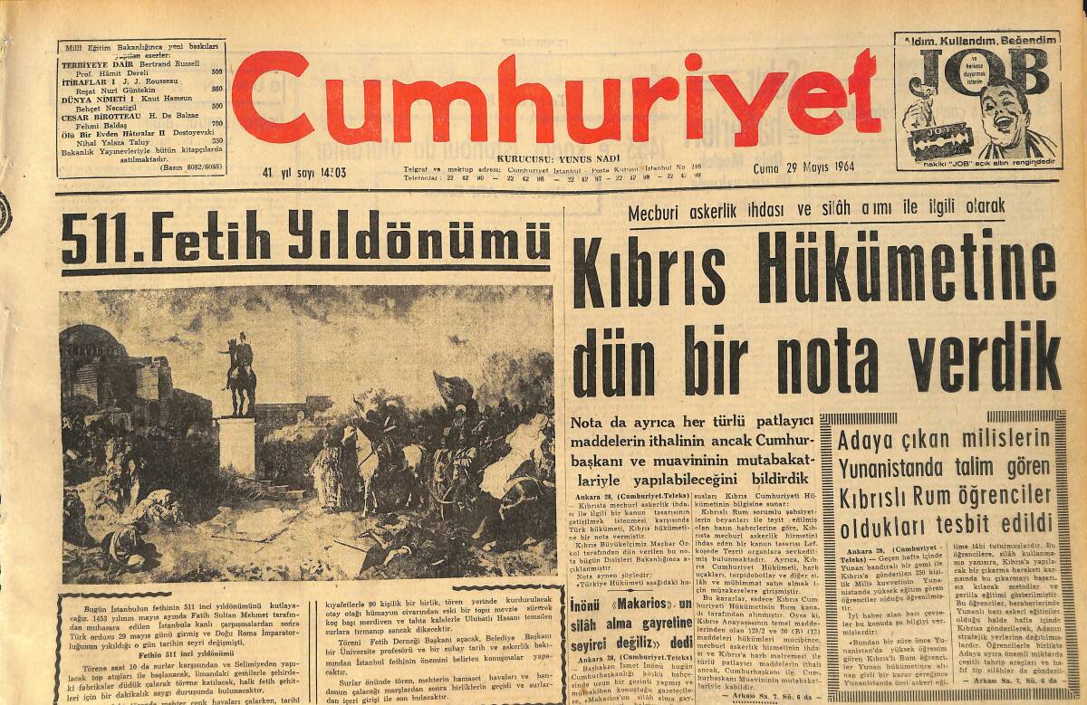 Cumhuriyet Gazetesi 29 Mayıs 1964 - Nehru'nun Naaşı Dün Törenle Yakıldı - Öktem Rize'de GZ160356 - 1
