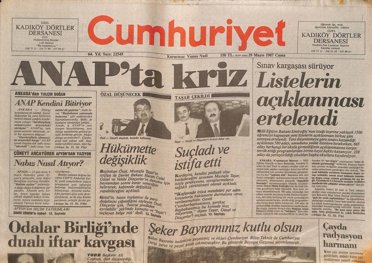 Cumhuriyet Gazetesi 29 Mayıs 1987 - Tahran'a Misilleme - Çayda Radyasyon Harmanı GZ151931 - 1