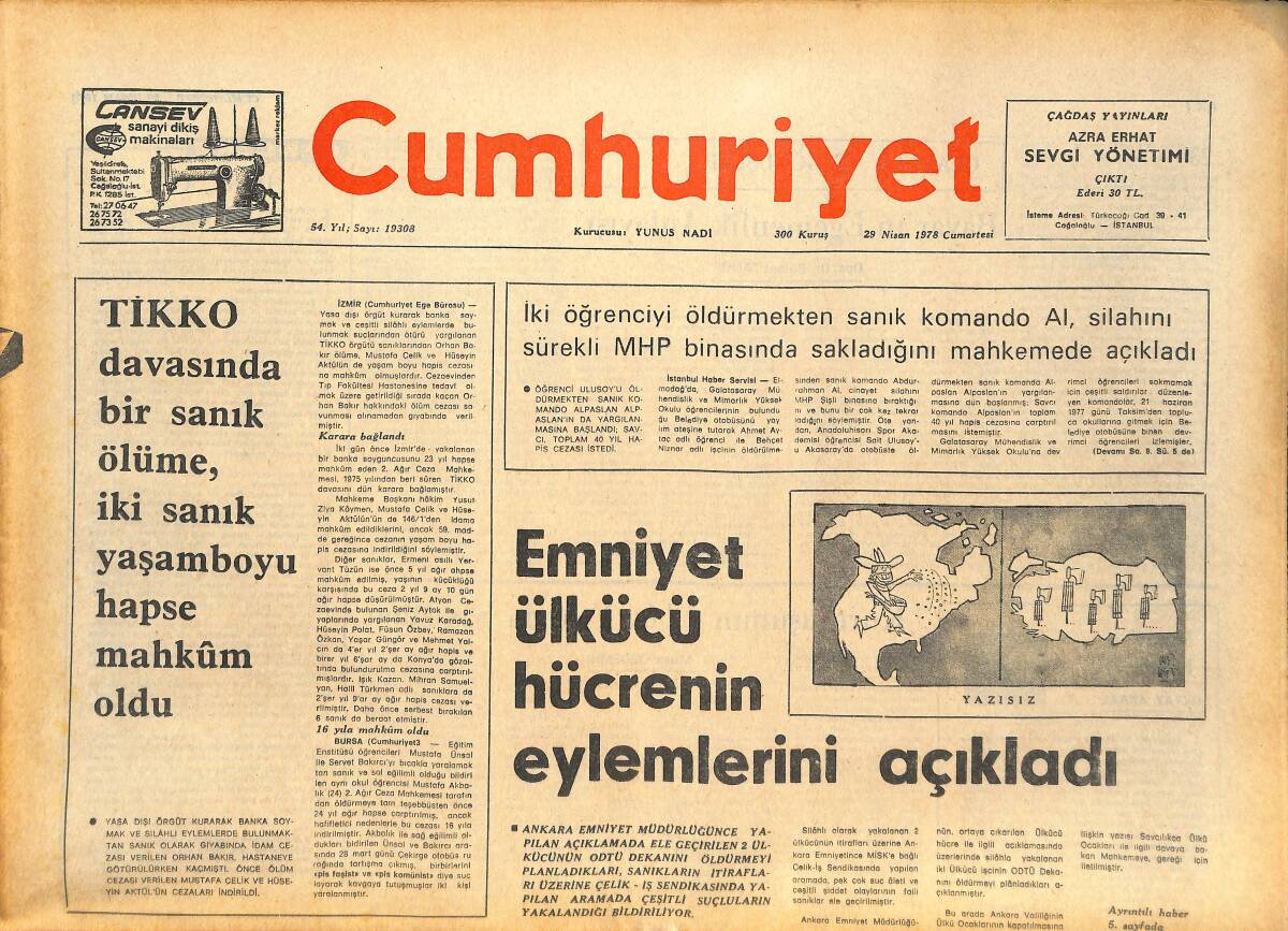 Cumhuriyet Gazetesi 29 Nisan 1978 - Emniyet Ülkücü Hücrenin Eylemlerini Açıkladı - Celal Bayar'ın Egemenlik Anlayışı GZ143784 - 1