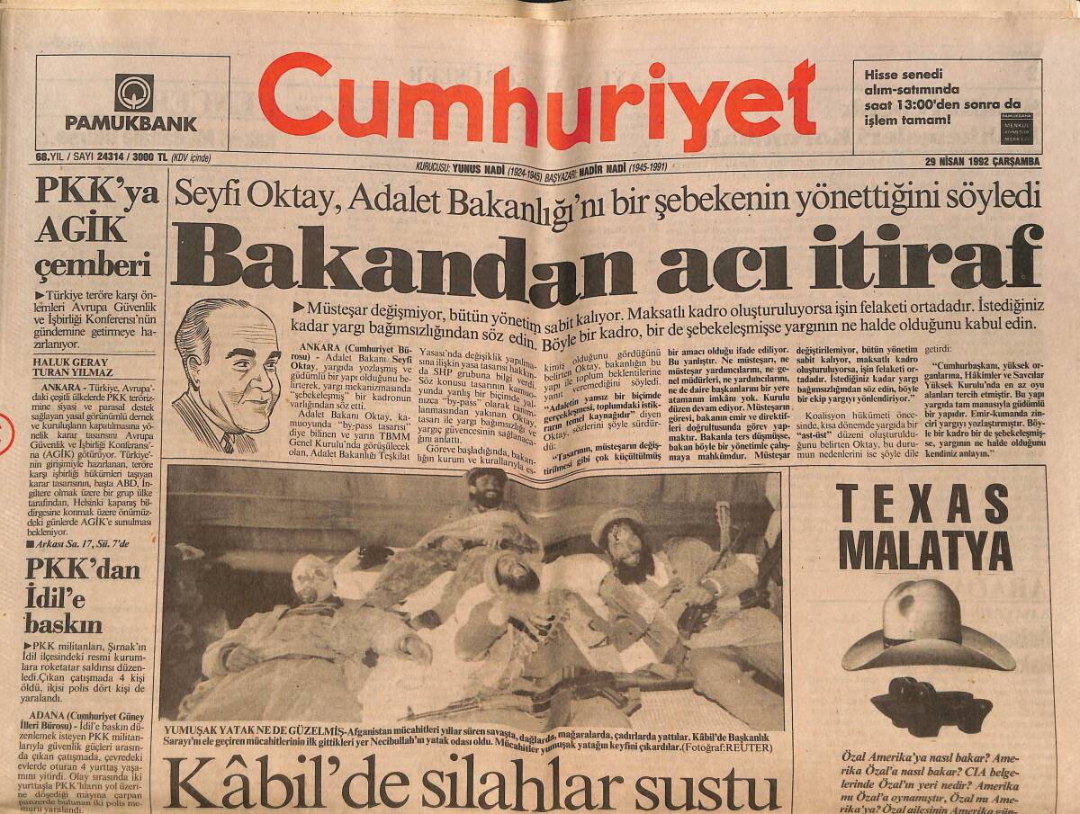 Cumhuriyet Gazetesi 29 Nisan 1992 - Kabil'de Silahlar Sustu - Avam Kamarası'nı Betty Teyze Yönetecek GZ151981 - 1