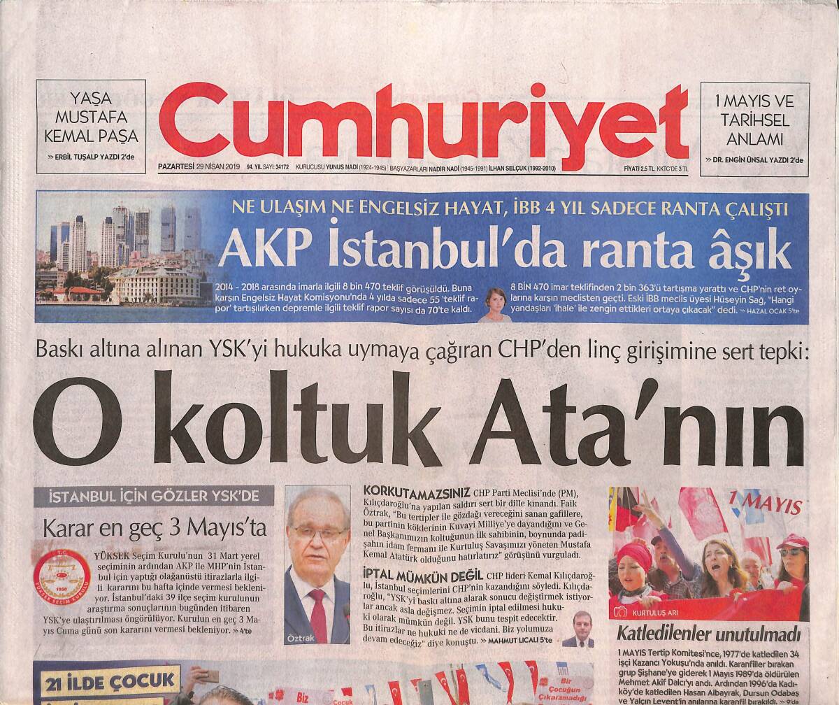 Cumhuriyet Gazetesi 29 Nisan 2019 - Torpilin Kalbi Bolu - Kilis'te Atatürk Heykeline Çirkin Saldırı GZ135482 - 1