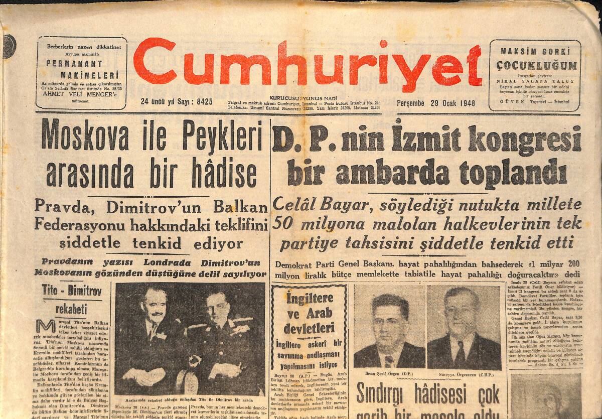 Cumhuriyet Gazetesi 29 Ocak 1948 - DP'NİN İzmit Kongresi Bir Ambarda Toplandı! - Moskova İle Peykleri Arasında Bir Hadise GZ146530 - 1