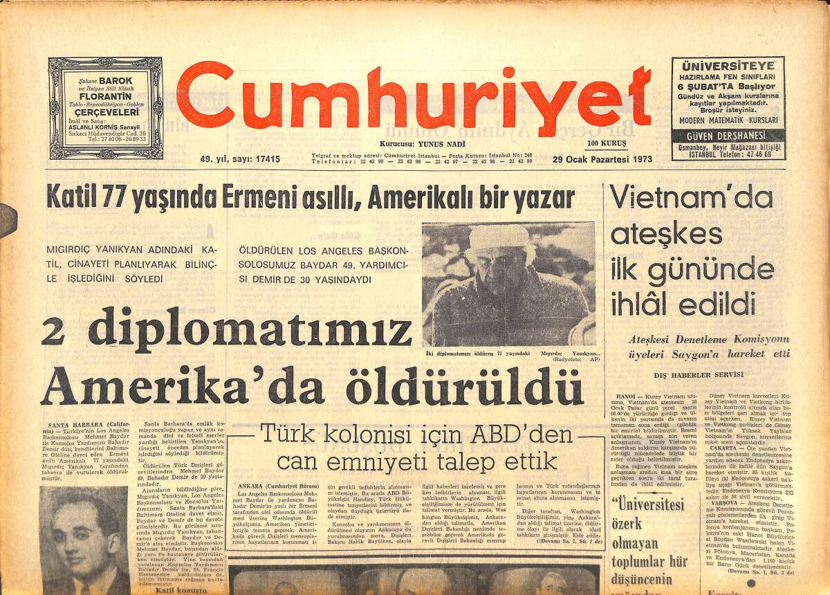Cumhuriyet Gazetesi 29 Ocak 1973 - İki Diplomatımız Amerika'da Öldürüldü - Türk Kolonisi İçin ABD'den Can Emniyeti Talep Ettik GZ143573 - 1