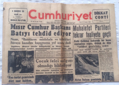 Cumhuriyet Gazetesi 29 Temmuz 1956 - Mısır Cumhurbaşkanı Batıyı Tehdid Ediyor - GZ19390 - 1