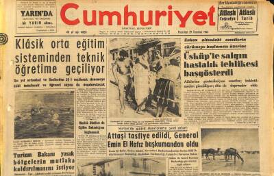 Cumhuriyet Gazetesi 29 Temmuz 1963 - Üsküpte Salgın Hastalık Tehlikesi Başgösterdi - Klâsik Orta Eğitim Sisteminden Teknik Öğretime Geçiliyor GZ120732 - 1
