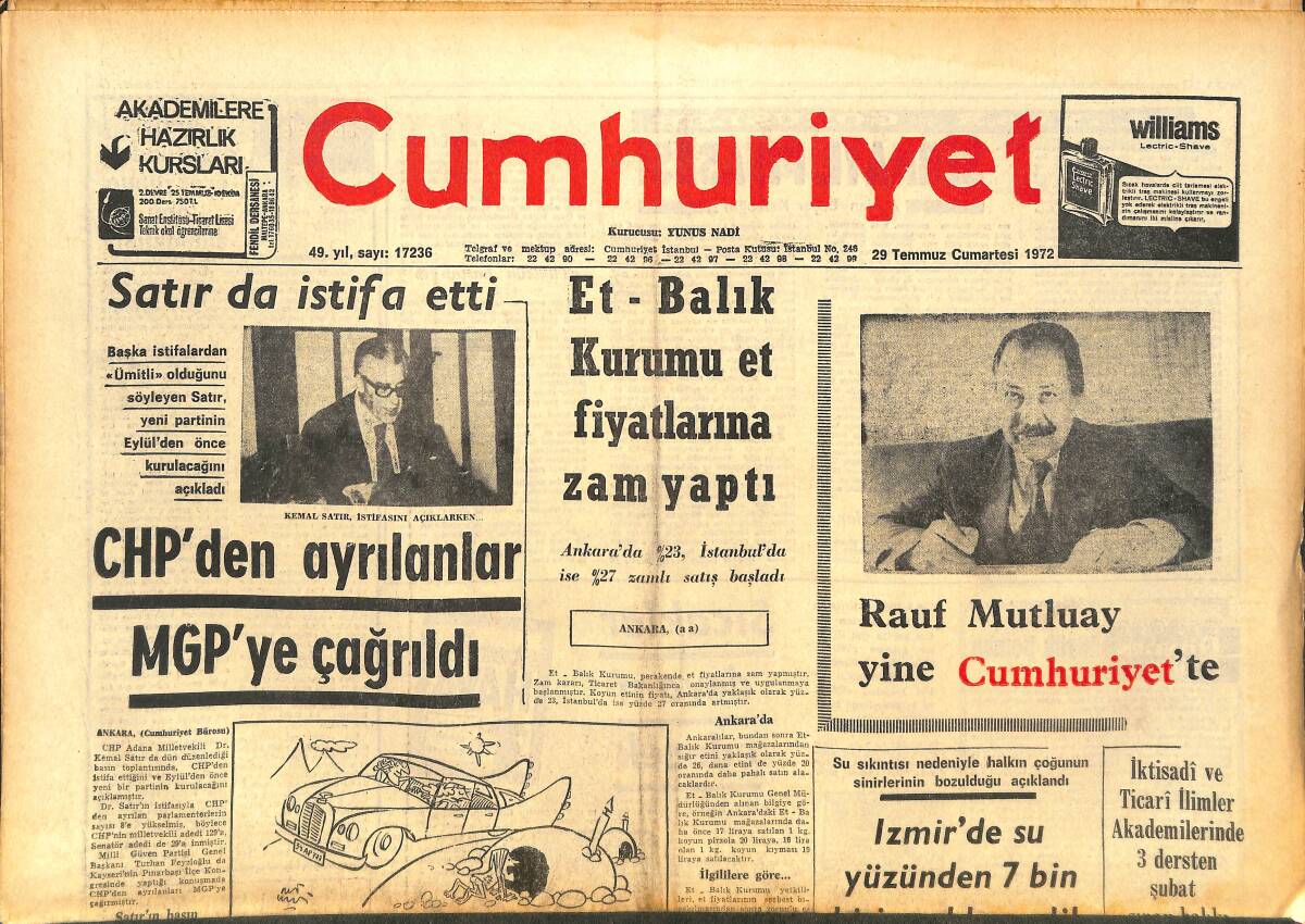 Cumhuriyet Gazetesi 29 Temmuz 1972 - Cemil: Galatasaray'da Topa Ayağımı Sürmem - CHP'den Ayrılanlar MGP'ye Çağrıldı GZ143587 - 1