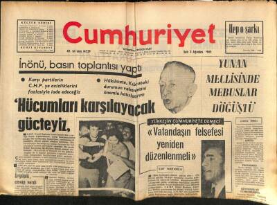 Cumhuriyet Gazetesi 3 Ağustos 1965 - Işık , Kıbrıs Meselesinin Anlayışlı Bir Yola Girdiğini Söyledi GZ85541 - 1