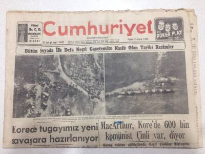 Cumhuriyet Gazetesi 3 Aralık 1950 - MacArthur Korede 600 Bin Komünist Çinli Var Diyor GZ52565 - 1