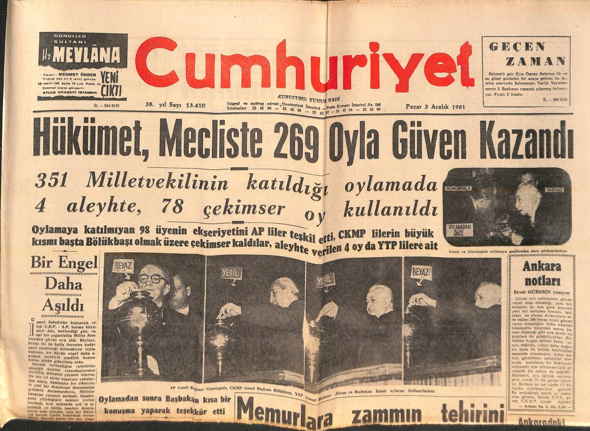 Cumhuriyet Gazetesi 3 Aralık 1961 - Hükümet, Mecliste 269 Oyla Güven Kazandı - Belediye Başkanı İle 7 Arkadaşı Yol Kestiler! GZ139055 - 1