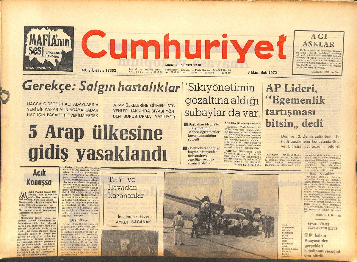 Cumhuriyet Gazetesi 3 Ekim 1972 - 5 Arap Ülkesine Gidiş Yasaklandı - Cüneyt Arkın Altın Koza'yı Almayacak GZ143599 - 1