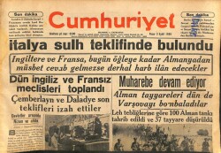 Cumhuriyet Gazetesi 3 Eylül 1939 - Fransız Parlamentosu 69 Milyarlık Harb Tahsisatı Kabul Etti GZ100996 - 1