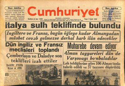 Cumhuriyet Gazetesi 3 Eylül 1939 - Fransız Parlamentosu 69 Milyarlık Harb Tahsisatı Kabul Etti GZ100996 - 1
