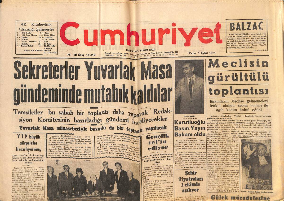 Cumhuriyet Gazetesi 3 Eylül 1961 - Sekreterler Yuvarlak Masa Gündeminde Mutabık Kaldılar - Aydın Yalçınla İlgili Tahkikata Devam Ediliyor! GZ139978 - 1