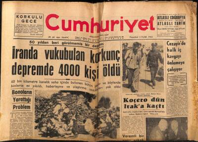 Cumhuriyet Gazetesi 3 Eylül 1962 - İranda Vukubulan Korkunç Depremde 4000 Kişi Öldü GZ70120 - 2
