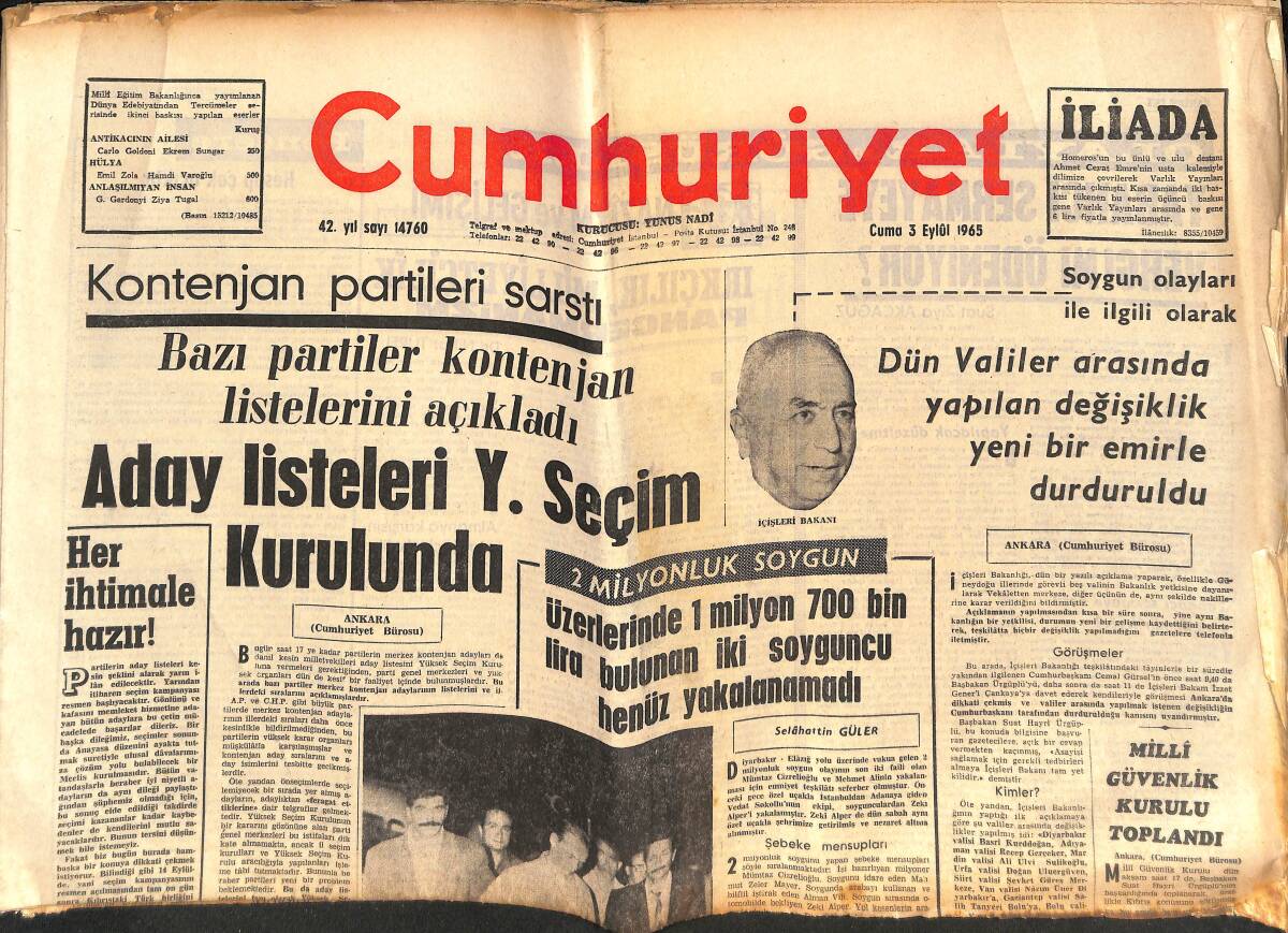 Cumhuriyet Gazetesi 3 Eylül 1965 - Vehmi Koç: Montaj Sanayi İstenilen Neticeyi Vermemiştir - Orhan Veli Almanya'da Tanıtılıyor GZ139771 - 1