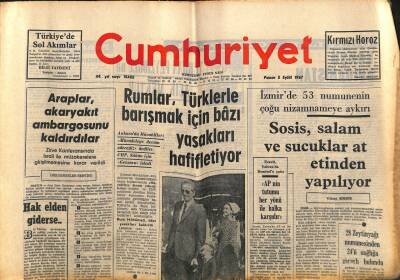 Cumhuriyet Gazetesi 3 Eylül 1967 - Rumlar , Türklerle Barışmak İçin Bâzı Yasakları Hafifletiyor - Araplar , Akaryakıt Ambargosunu Kaldırdılar GZ121890 - 1