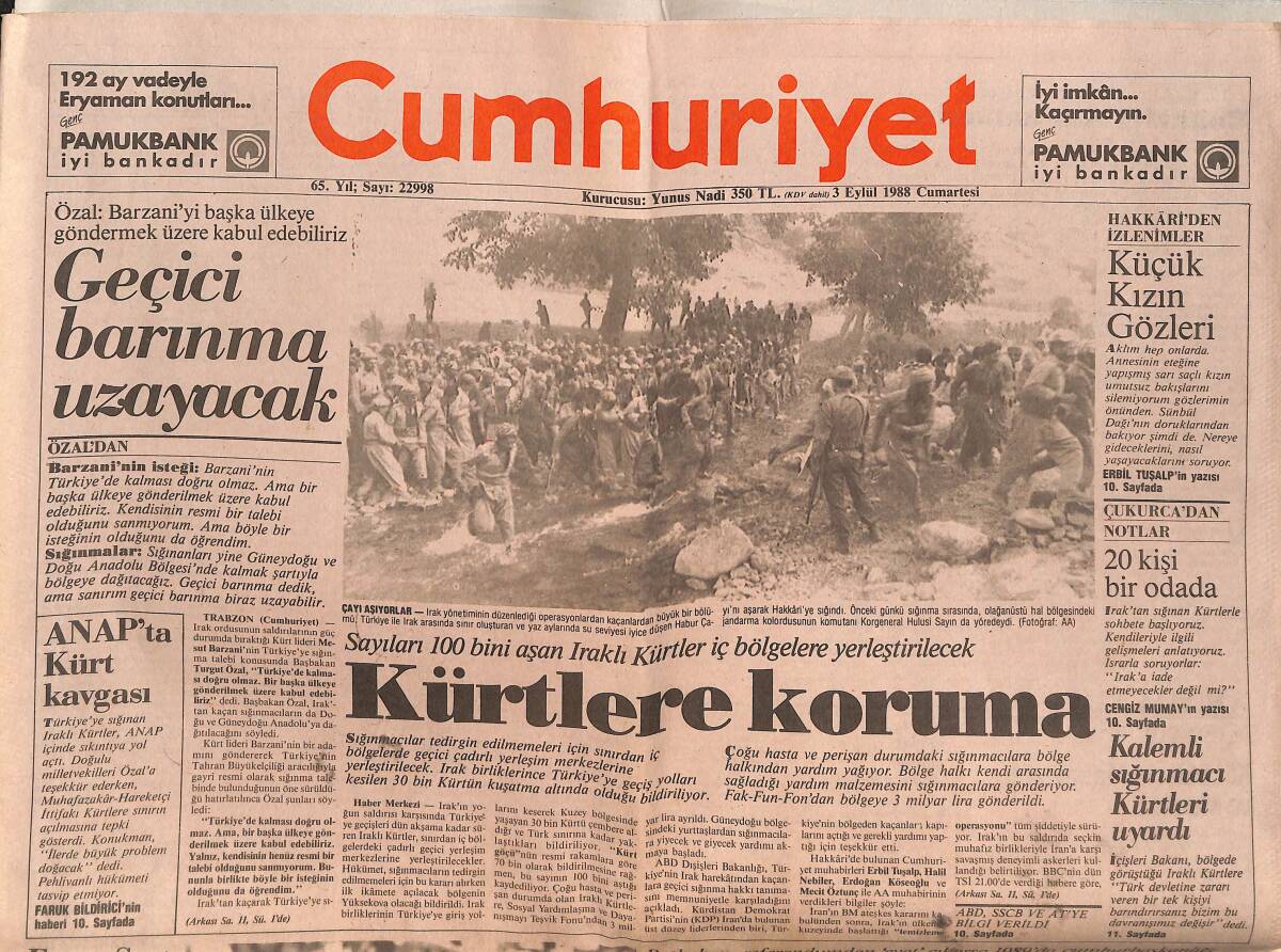 Cumhuriyet Gazetesi 3 Eylül 1988 - İnönü : Özal'ın Durumu Umutsuz - Kalemli Sığınmacı Kürtleri Uyardı GZ149420 - 1
