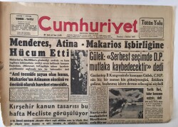 Cumhuriyet Gazetesi 3 Haziran 1957 - Menderes , Atina - Makarios İşbirliğine Hücum Etti GZ13810 - 2