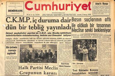 Cumhuriyet Gazetesi 3 Haziran 1959-Basın Suçlarının Affı İle Alakalı Bir Tasarının Meclise Sevki Bekleniyor-Yeni Haimler Kanunu Hazırlıkları Bitirildi GZ120147 - 1