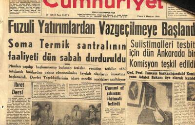 Cumhuriyet Gazetesi 3 Haziran 1960 - Soma Termik Santralinin Faaliyeti Dün Sabah Durduruldu GZ108979 - 1