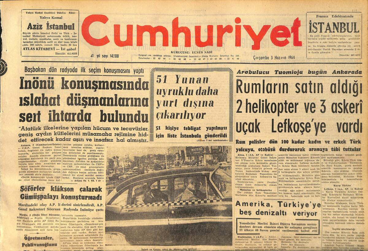 Cumhuriyet Gazetesi 3 Haziran 1964 - Amerika , Türkiye'ye 5 Denizaltı Veriyor - Erkin Rus Büyükelçisi İle Görüştü GZ160361 - 1