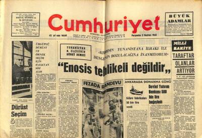 Cumhuriyet Gazetesi 3 Haziran 1965 - Yunanistan Büyük Elçisi Enosis Tehlikeli Değildir GZ59123 - 1