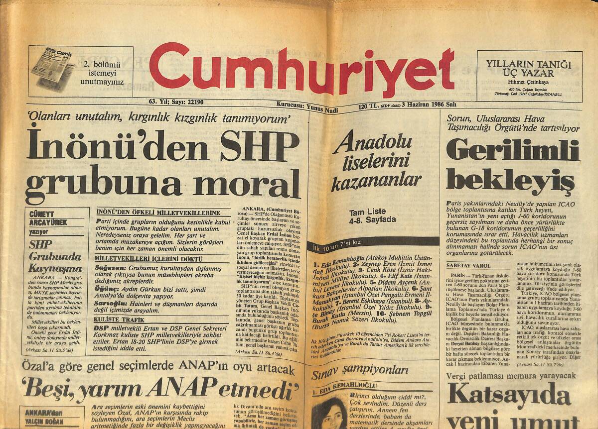 Cumhuriyet Gazetesi 3 Haziran 1986 - İnönü'den SHP Grubuna Moral - Beşiktaş'tan Görkemli Kutlama GZ133935 - 1