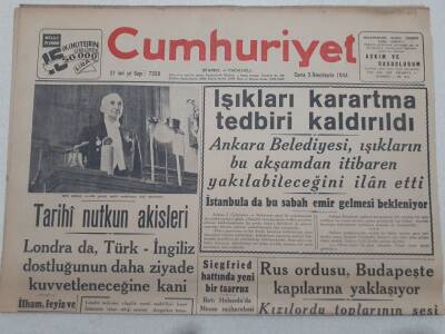 Cumhuriyet Gazetesi 3 Kasım 1944 - Işıkları Karartma Tedbiri Kaldırıldı GZ71847 - 1