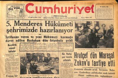 Cumhuriyet Gazetesi 3 Kasım 1957 - 5. Menderes Hükümeti Şehrimizde Hazırlanıyor - Hrutçef , Dün Mareşal Zukovu Tasfiye Etti GZ119695 - 1