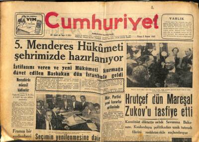 Cumhuriyet Gazetesi 3 Kasım 1957 - Kıbrısta Rumlar Tehdid Ediyorlar - Bir Gazete Kağıtsızlıktan Kapatılıyor GZ85315 - 1