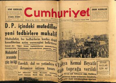 Cumhuriyet Gazetesi 3 Kasım 1958 - Yahya Kemal Beyatlı Dün Toprağa Verildi GZ59301 - 1