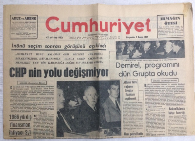 Cumhuriyet Gazetesi 3 Kasım 1965 - İnönü Seçim Sonrası Görüşünü Açıkladı CHPnin Yolu Değişmiyor - GZ19139 - 1