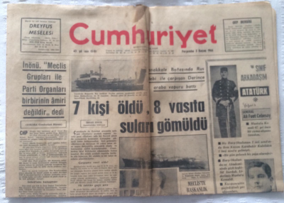 Cumhuriyet Gazetesi 3 Kasım 1966 - Çanakkale Boğazında Rus Şilebi İle Çarpışan Derince Araba Vapuru Battı - GZ19298 - 1