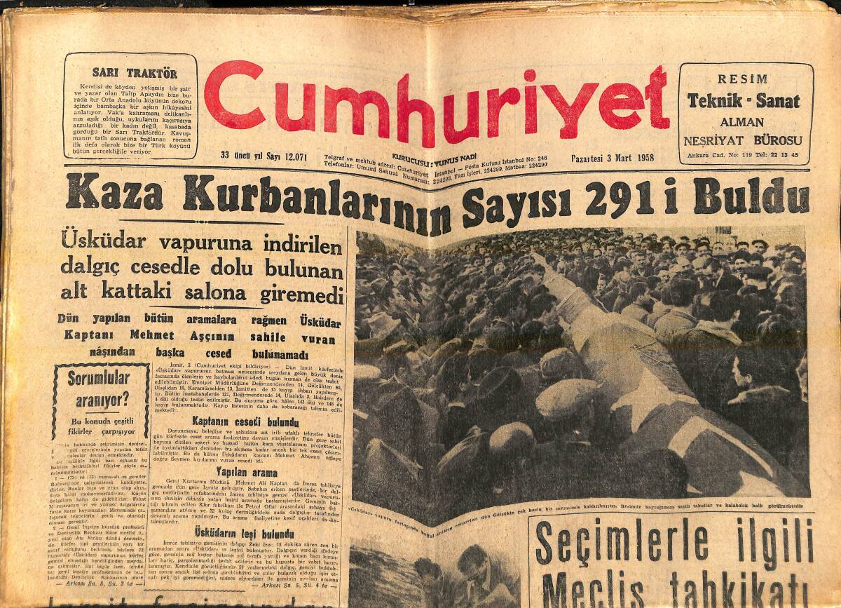 Cumhuriyet Gazetesi 3 Mart 1958 - Üsküdar Vapuruna İndirilen Dalgıç Cesetle Dolu Salona Giremedi - Fenerbahçe Beşiktaş'ı Yendi GZ139134 - 1
