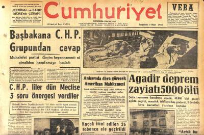 Cumhuriyet Gazetesi 3 Mart 1960 - Agadir Deprem Zayiatı 5000 Ölü - Necip Fazıl Dün de 18 Ay Hapse Mahkum Oldu GZ120026 - 1